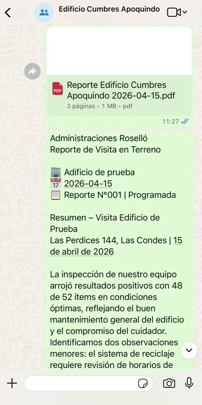 Informe de inspección semanal en terreno enviado al comité de administración
